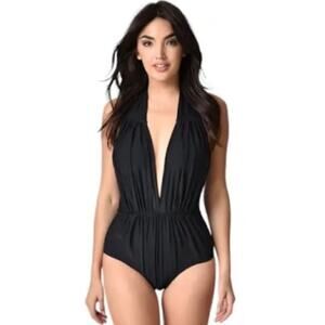 Unique Vintage Black Derek Halter Shirred One Piece Bathing Suit M NWT